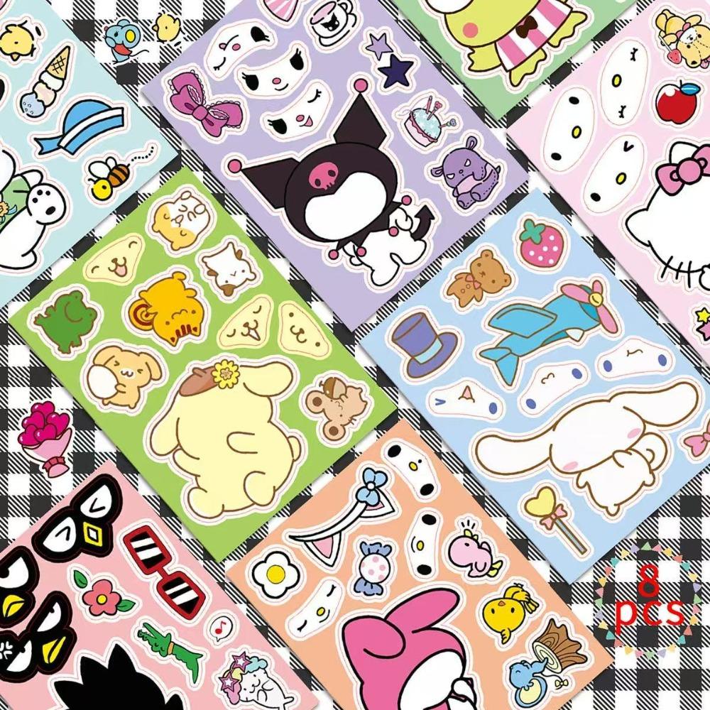 8 Sheets/Pack Sanrio Face Changing Stickers Cute Cartoon Make A Face Diy Puzzle Sticker Toy