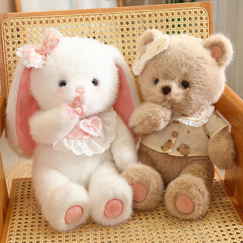 Flauschiges Plüsch Weißer Teddy Braunbär Weißes Baby Kaninchen Fuchs mit Lätzchen Kleid Niedlich Lecker Kuscheltiere Kuschel Umarmungs Spielzeug