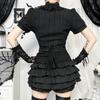 Süße Lolita Baumwollhemden Damen Vintage Gothic Schwarz Weiß Jacquard Kurzarmblusen Elegante Büro Dame Y2k Oberteile