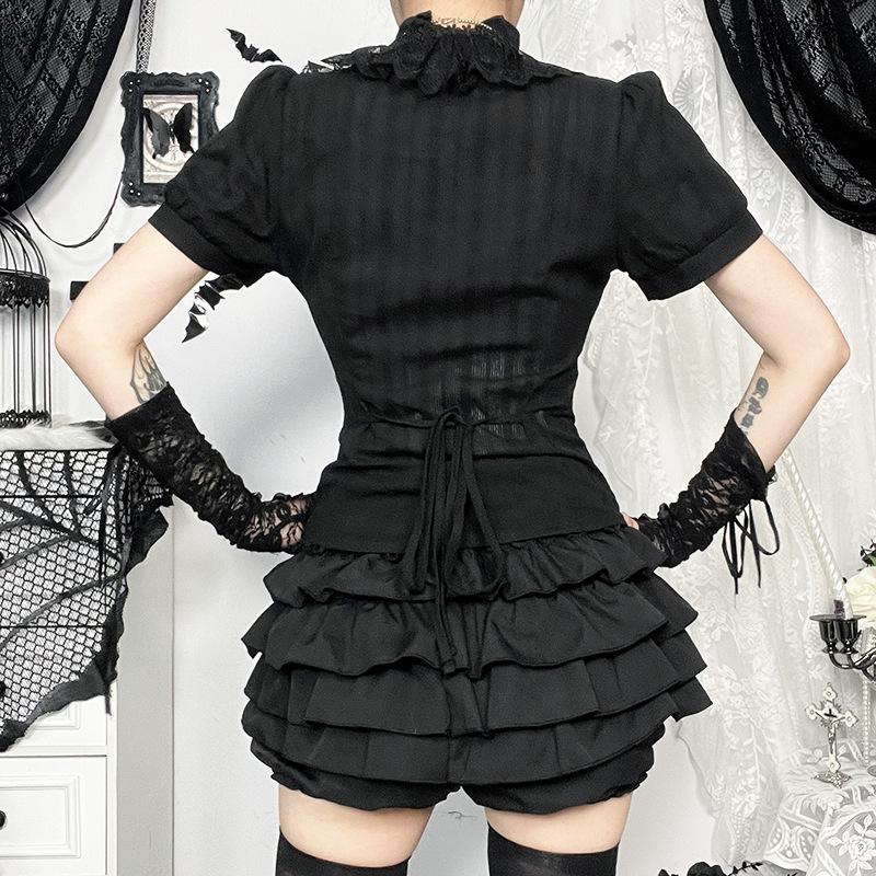 Süße Lolita Baumwollhemden Damen Vintage Gothic Schwarz Weiß Jacquard Kurzarmblusen Elegante Büro Dame Y2k Oberteile