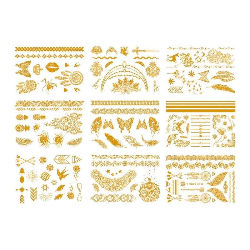 9 Blatt Premium Goldfolie Temporäre Tattoos für Partys und Events mit metallischen Designs und einfacher Anwendung