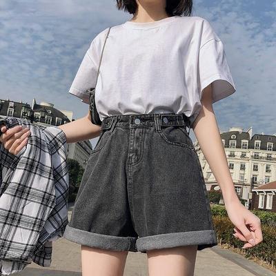 Summer Women High Waist Button Wide Leg Jeans Shorts Casual Female Loose Fit Blue Denim Shorts
