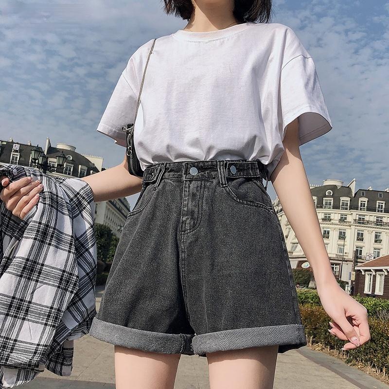 Summer Women High Waist Button Wide Leg Jeans Shorts Casual Female Loose Fit Blue Denim Shorts