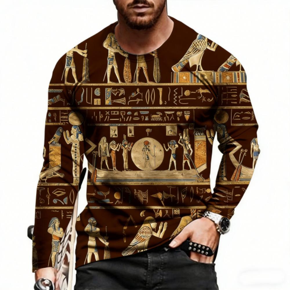Spring Europe America Men s T-shirt Fashion Hieroglyphs Print Pullover Comfortable Men s Long Sleeve T-shirt Outdoor Oversized Tees Top S