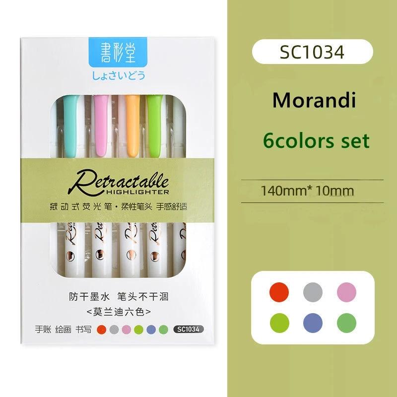 6Colors/set Morandi Retractable Highlighters Fluorescent Pen Manga Markers for Drawing Doodling Coloring Kawaii Stationery
