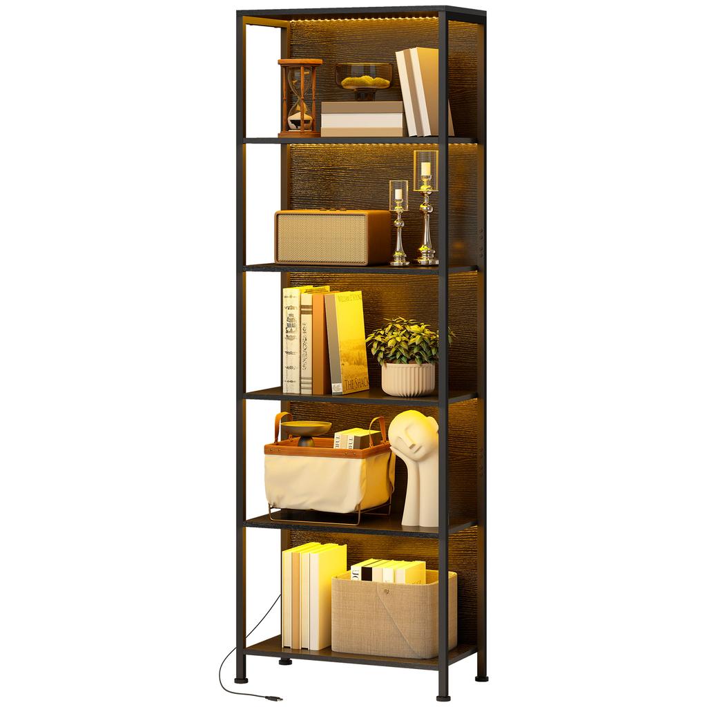 Bookshelf with 5 Levels, Standing Shelf with LED Lighting, 7 Light Colors, for Living Room, 60 x 30 x 179 cm Black