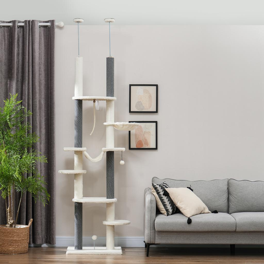 Cat Tree, Ceiling-High, Adjustable 225-255 cm, Platforms & Hammocks, Anti-Tip Safety, White