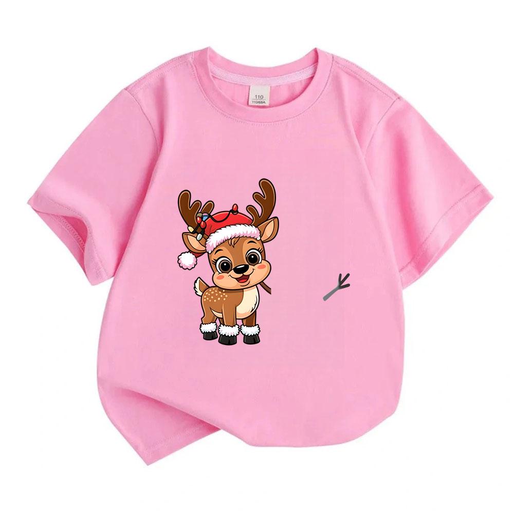 Kids Boys Girls 100% Cotton Crew Neck Short Sleeve T-Shirt, Cute Cartoon Christmas Reindeer with Santa Hat Xmas Light Print Casual Soft Tee Top for Ho