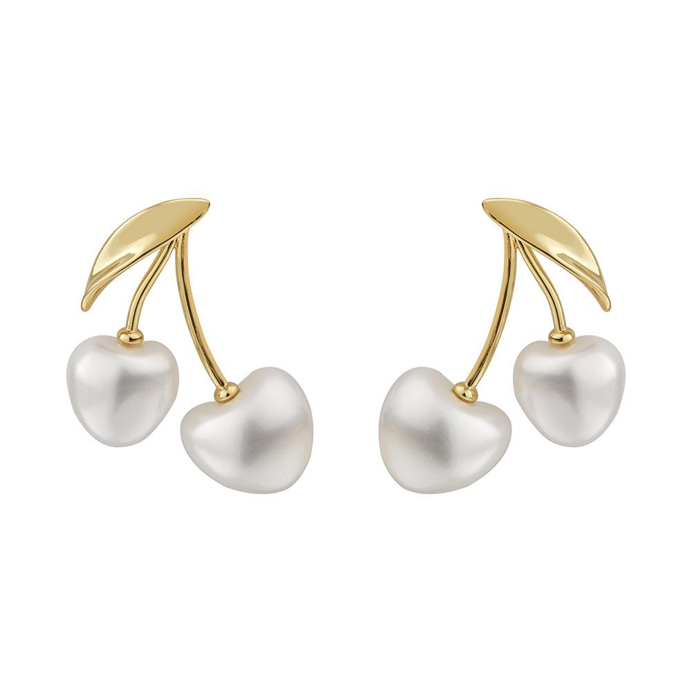 2026 French Romantic Cherry Pearl Stud Earrings - Elegant Gold Plated Heart Pearl Drop Earrings for Women Sweet Jewelry