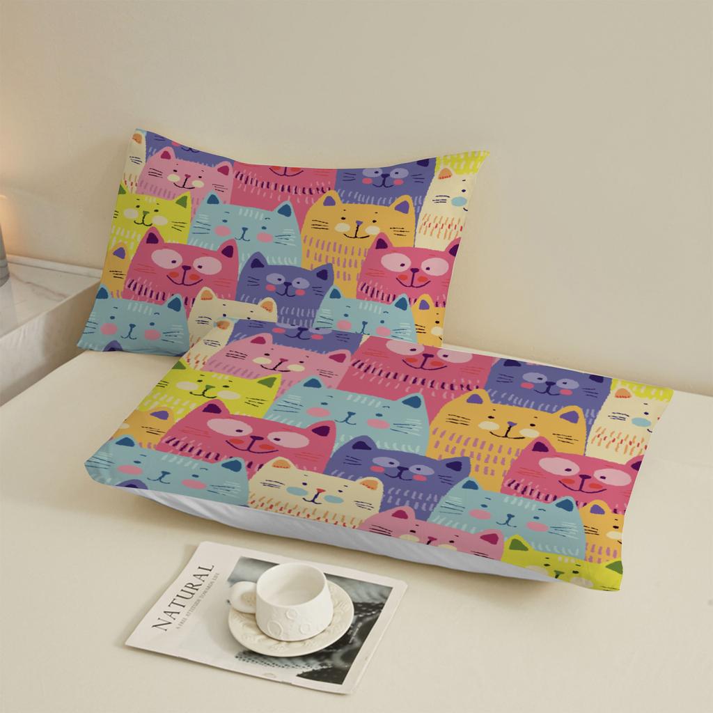 3pcs Colorful Cats Fitted Sheet Cartoon Cat Pattern 3D Print Gifts For Students Girls 100% Polyester Flat Sheet With Pillowcases