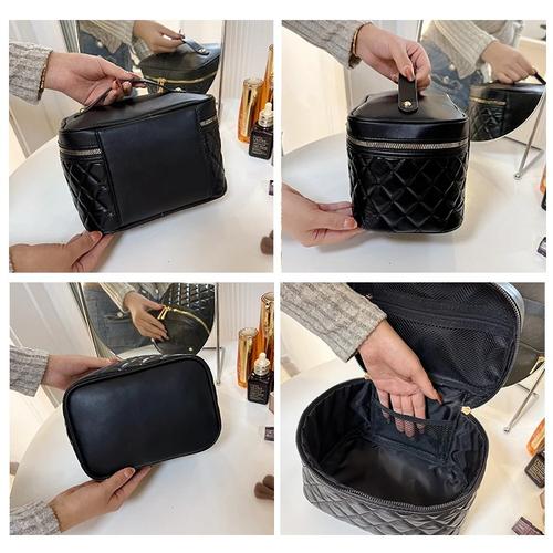 Stylish Quilted PU Makeup Bag Portable Cosmetic Organizer Travel Toiletry Pouch Black