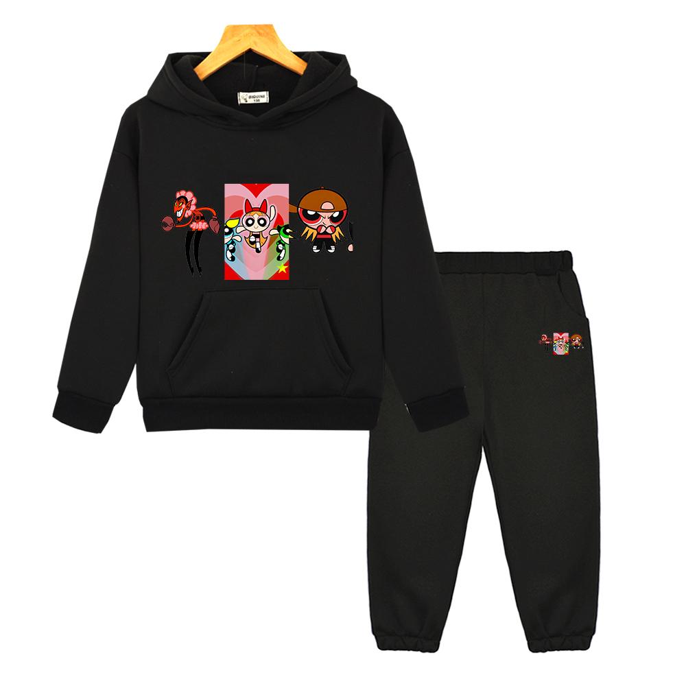 children clothes powerpuff girls anime hoodie Fleece sweatshirt 2pcs pullover+pants Sport Hooded Sets girl outfit boy clothing