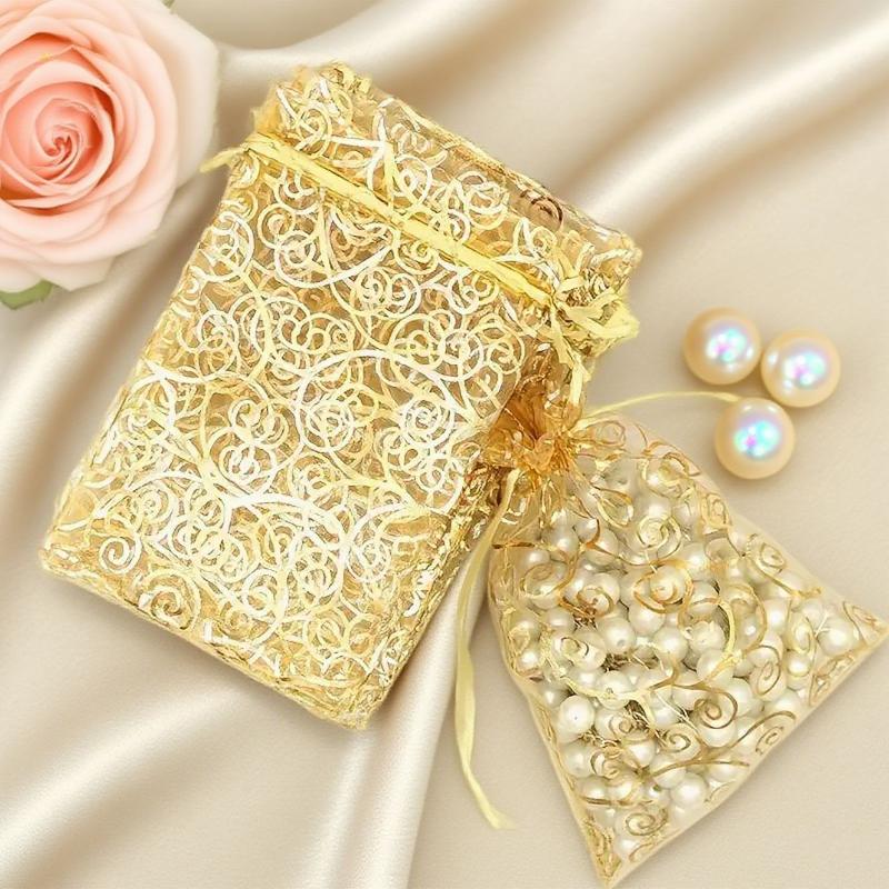 Shimmer Gold Candy Bags Drawable Organza Jewelry Packaging Pouch Christmas Holiday Wedding Birthday Party Favor Gift Wrap Bag