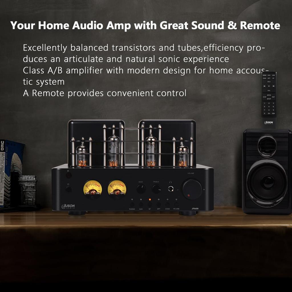 Juson Audio JTA50 Vacuum Tube Amplifier with BT Remote USB Subwoofer and Channel Amplifier Entry-level High-fidelity 5.0, Control, AUX, COAX,