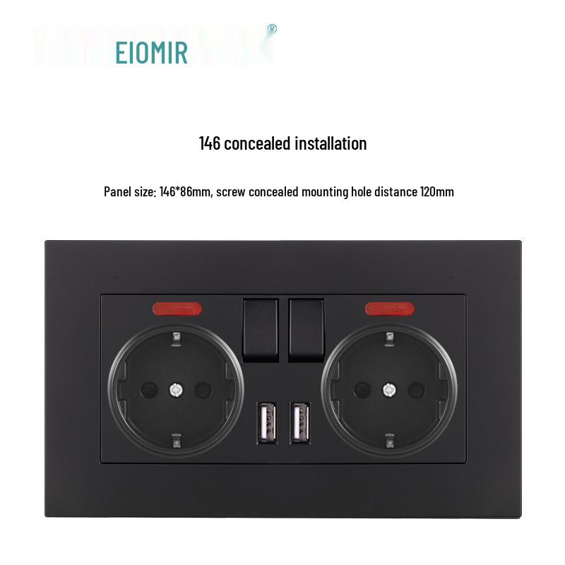 Black 16A German Standard Socket Panel with Double USB + Type C, Concealed European Installation