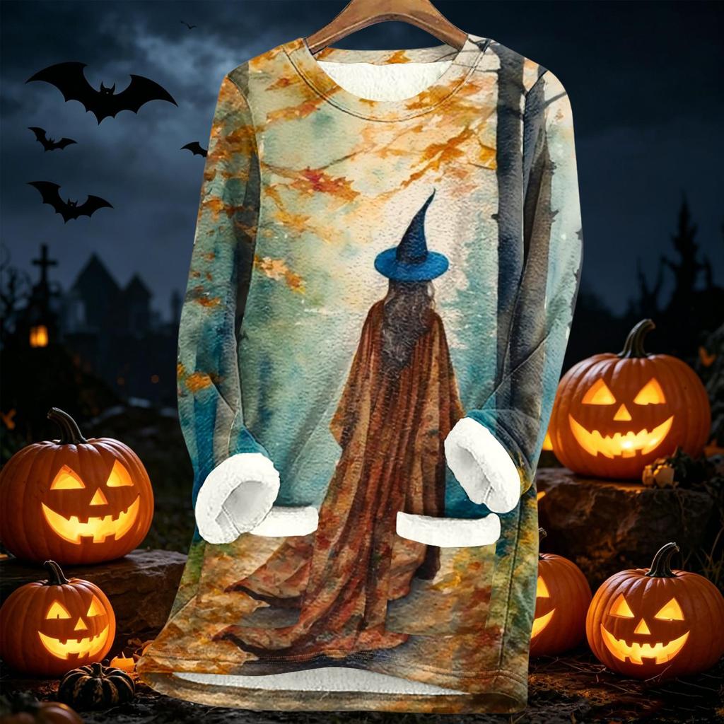 Women's Halloween Print Thick -Lined Lambswool Long Tunic Top for Fall and Winter