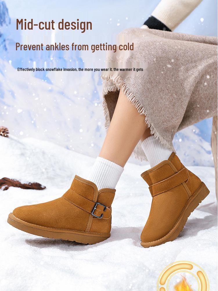 Schnalle Echtleder Schneestiefel - Herren- & Damen Winter Plüschgefüttert, Rutschfest, Verdickte Slipper Baumwollschuhe.