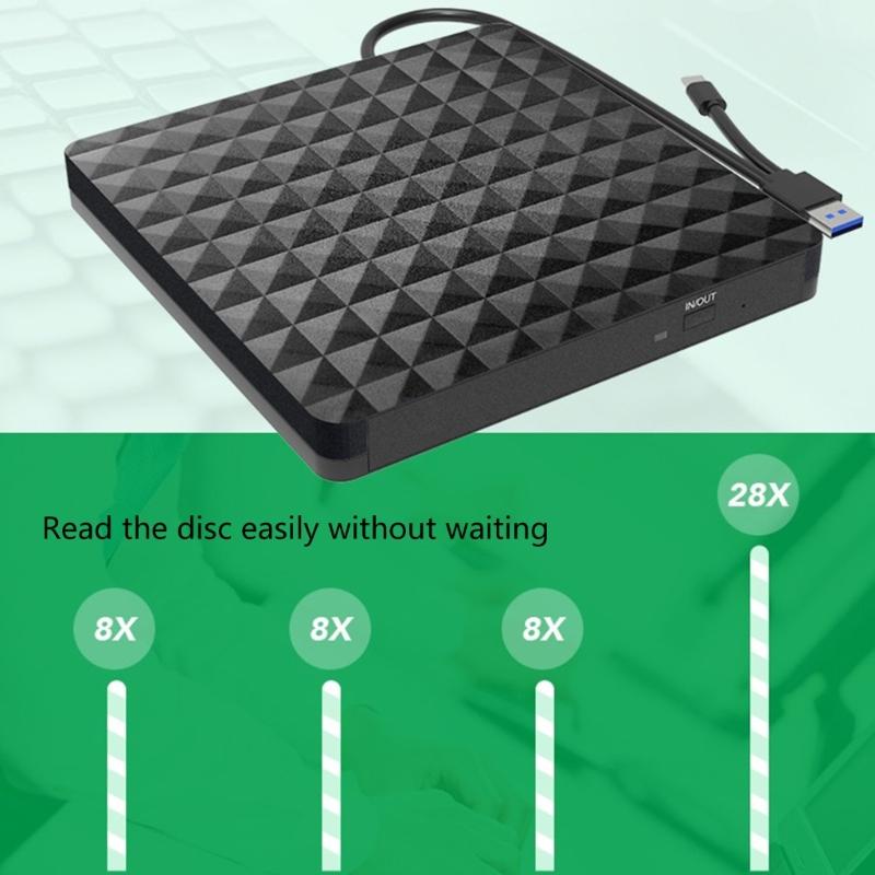 Portable USB 3.0 and Type C 2 Interfaces External DVD Drive, Fast Speed Data Transfer Writer for PC and Laptop