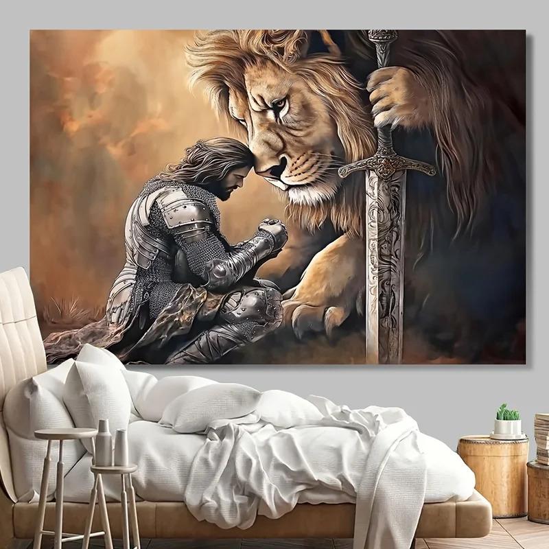 VIKAMA Knight and Lion Tapestry Vintage Fantasy Warrior Background Cloth Mysterious Power Wind Living Room Decoration