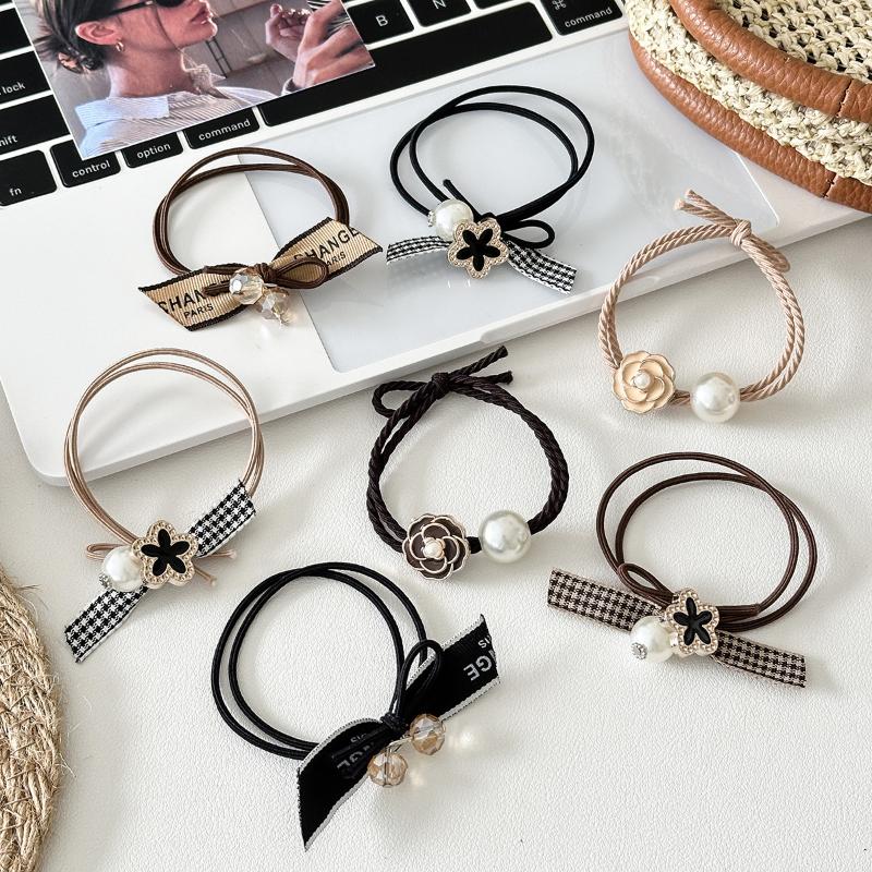 3/5Pcs Temperament Elegant French Camellia Pearl Large Intestine Tie Head Rope Rubber Band Accessories  Hair Ties