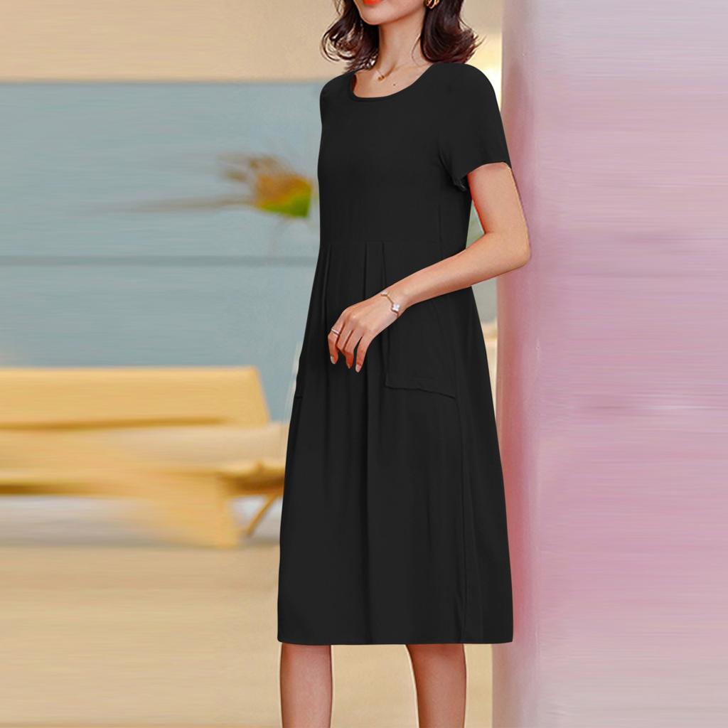 Women's Fashionable And Trendy Round Neck Loose Short Sleeved Solid Color Dress In Plus Size