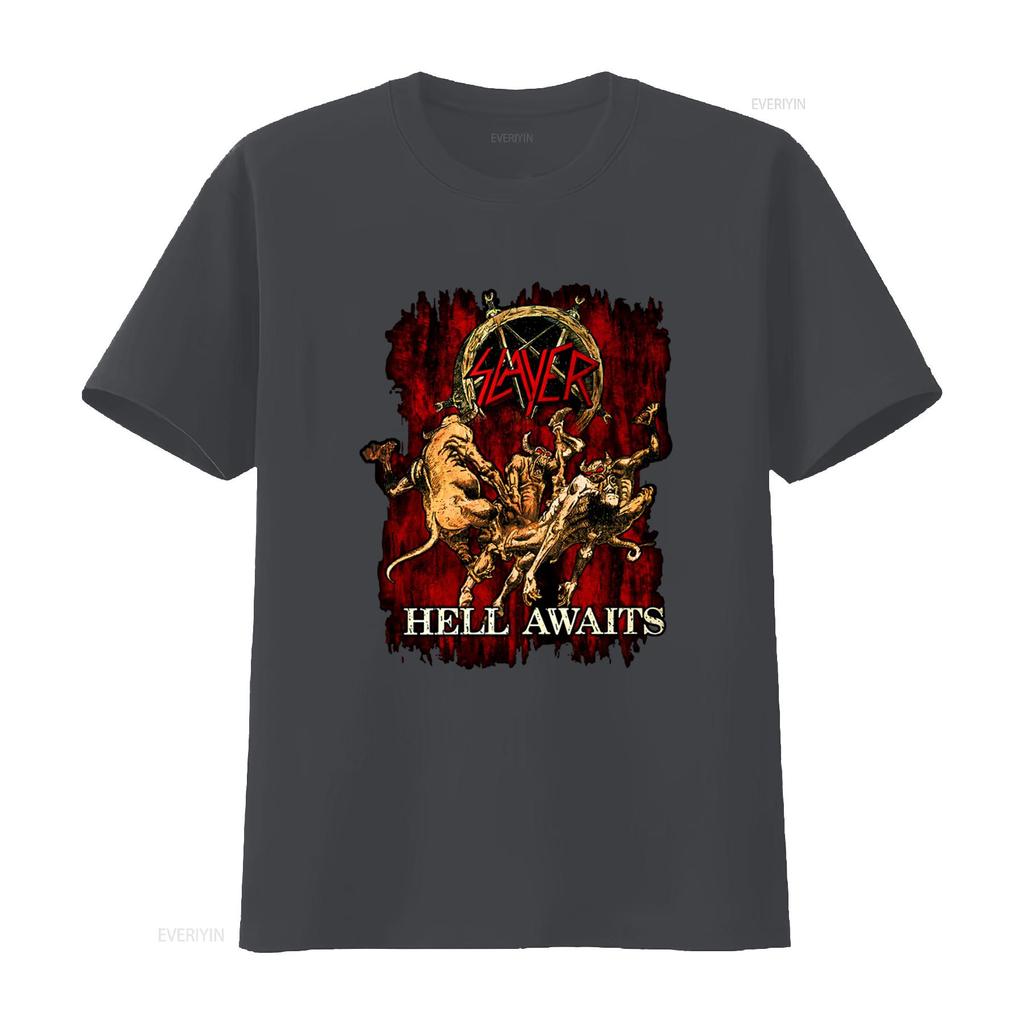 SLAYER Hell Awaits T Shirt Heavy Metal Band Design for Rock Fans Vintage Washed Designer Clothes Slightly Streetwear Homme