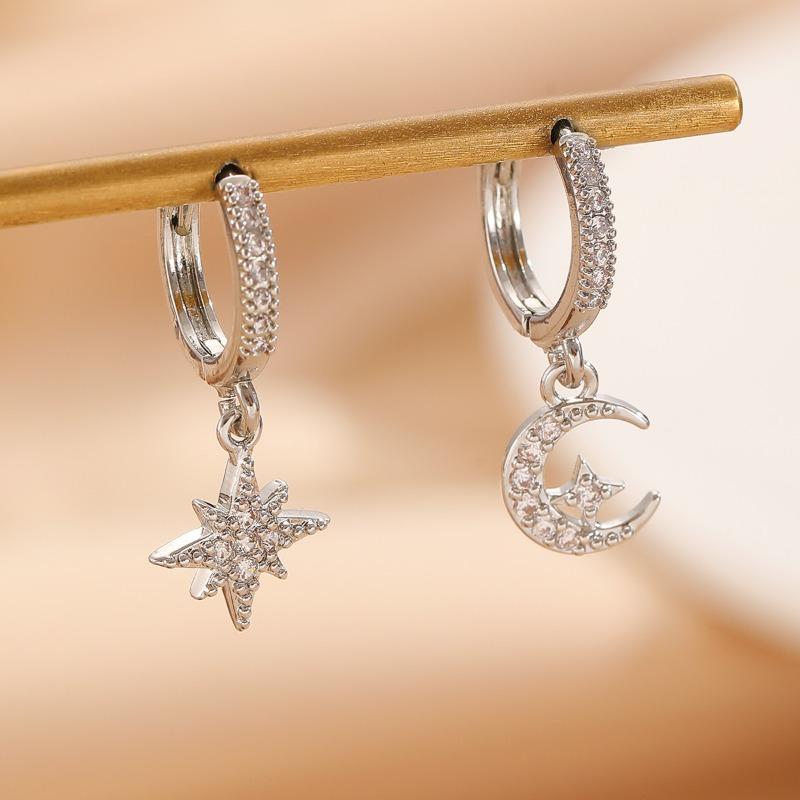 Asymmetric Zircon Pendant Earrings with Stars and Moon, Luxurious Quality Zircon, Trendy Women's Temperament, Daily Accessories
