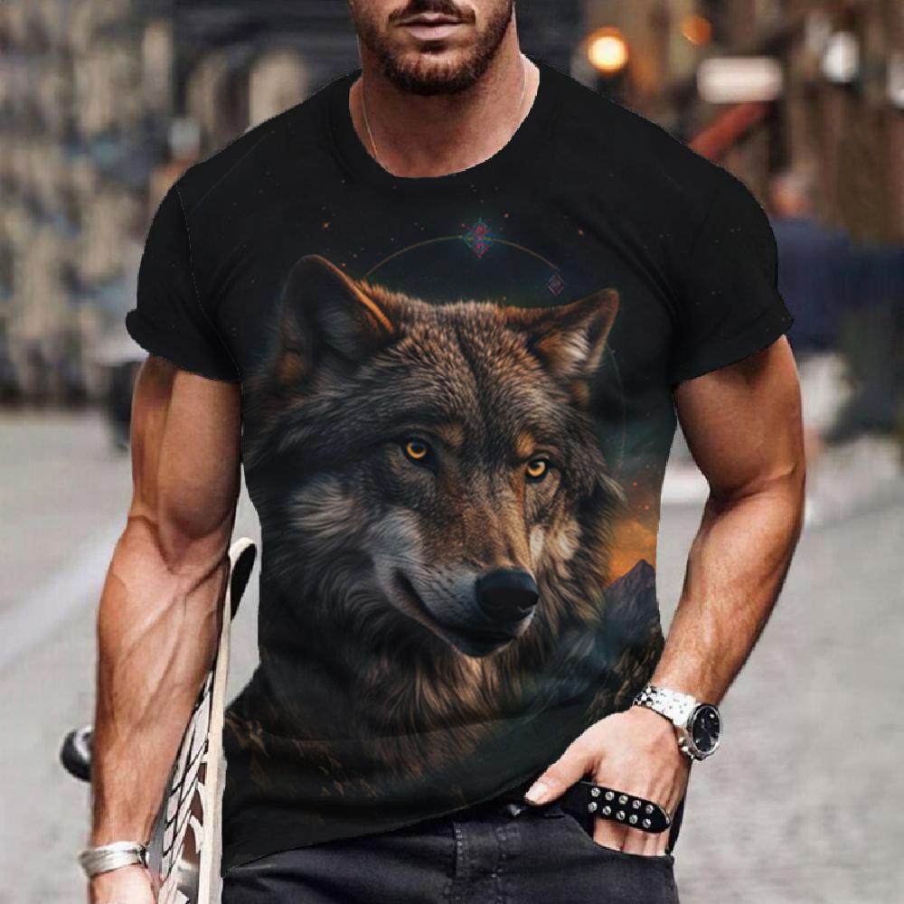 Summer Round Neck 3D Wolf Print Top Fashionable Casual Short Sleeved Men's T-shirts