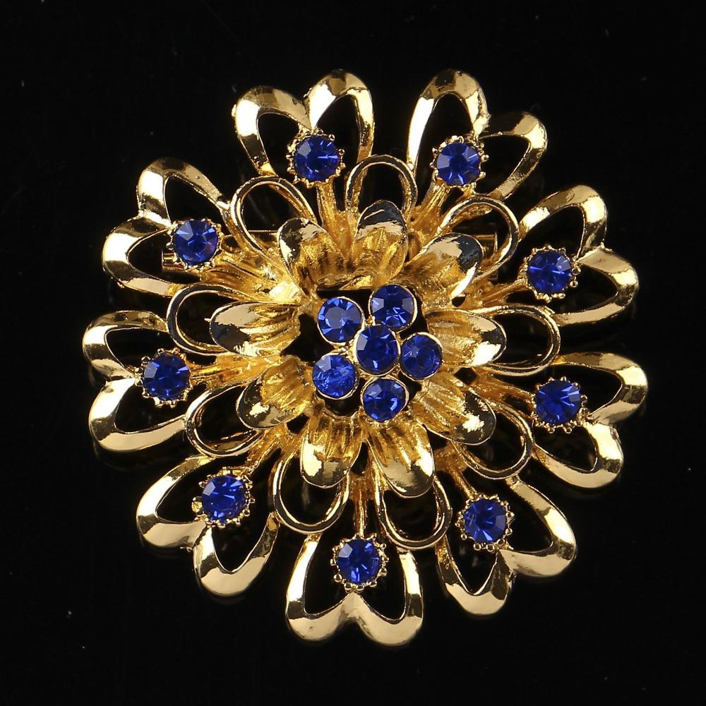 DIEZI Korean Gold Color Blue Crystal Brooches for Wedding Women Party Dress Rhinestone Bridal Bouquet Flower Bowknot Brooch Pins