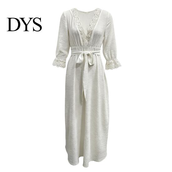 Solid Color Lace Dress Women V-Neck for Fall, 3/4 Sleeves Maxi with V Neck Belt, Loose Casual Long Vacation Daily Wear Belt