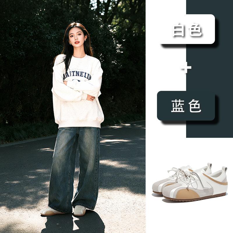 New leather German training shoes women's spring shoes women's shoes versatile flat-soled sports shoes comfortable bow single shoes