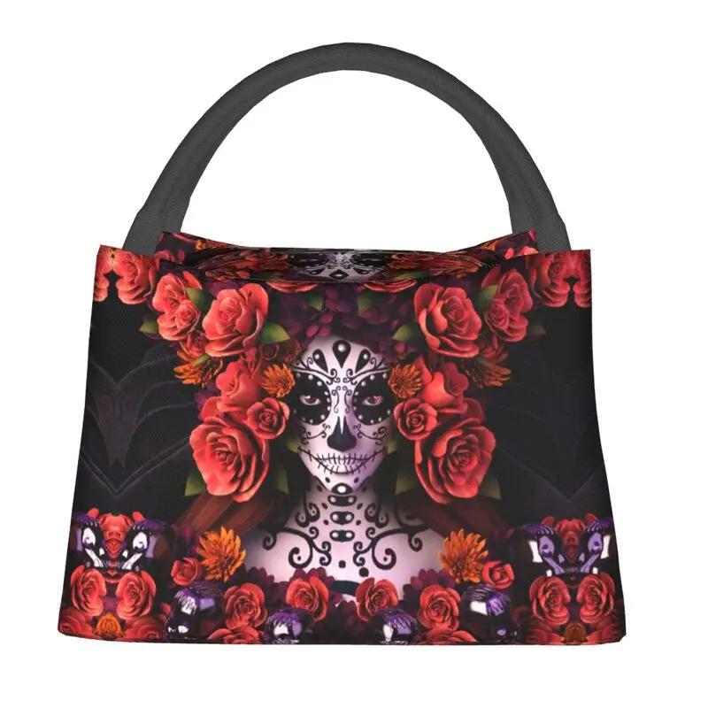 Day Of The Dead Kitten Cat Sugar Skull Thermal Insulated Lunch Bags Women Mexican Halloween Floral Lunch Container for Food Box