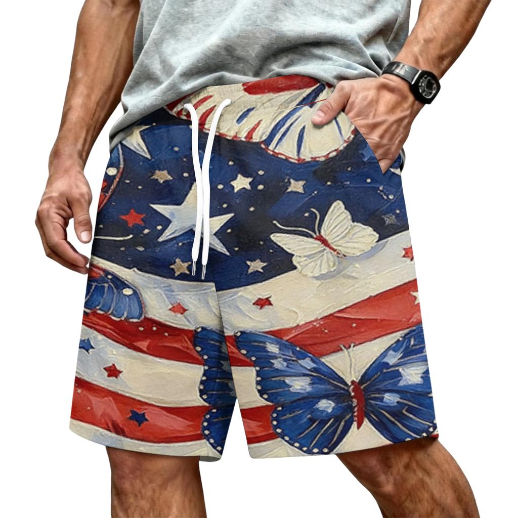 Men Drawstring Waist Shorts with Flag Print Elastic Adjustable Waistband Breathable Lightweight Fabric Casual Fit for Daily Wear