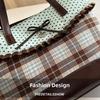 Trend Mint Green Lace Plaid Tote Bag Bowknot Polka Dot Shoulder Bag Cloth Large Capacity Patchwork Handbag Casual