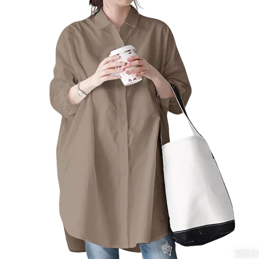 H2four Long Shirt Plus Sizes Office Solid Loose Perfect for and Commuting Women's Dress, Available, Versatile, 3/4 Sleeves, Flattering, Top, Blouse,