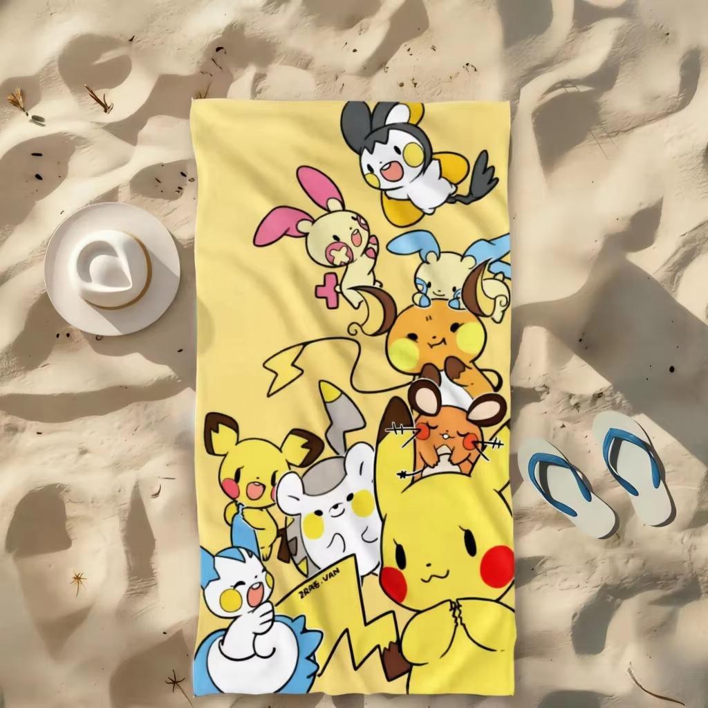 P-Pokmon P-Pikachu Beach Towel, Flat Print Yellow Cute Anime Character Outdoor Pool Party Travel Bath Towel For Kids Fans