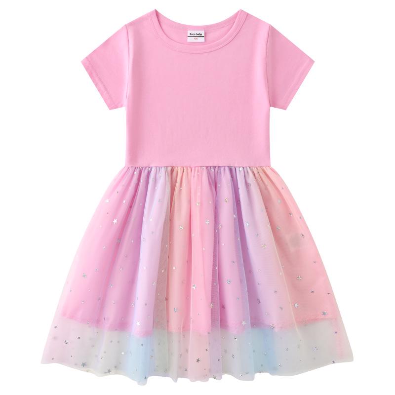 Korean Style Children's Princess Dress - Short/Long Sleeve with Stars, Rainbow Sequins, and Mesh Pleats for Spring, Summer, and Autumn