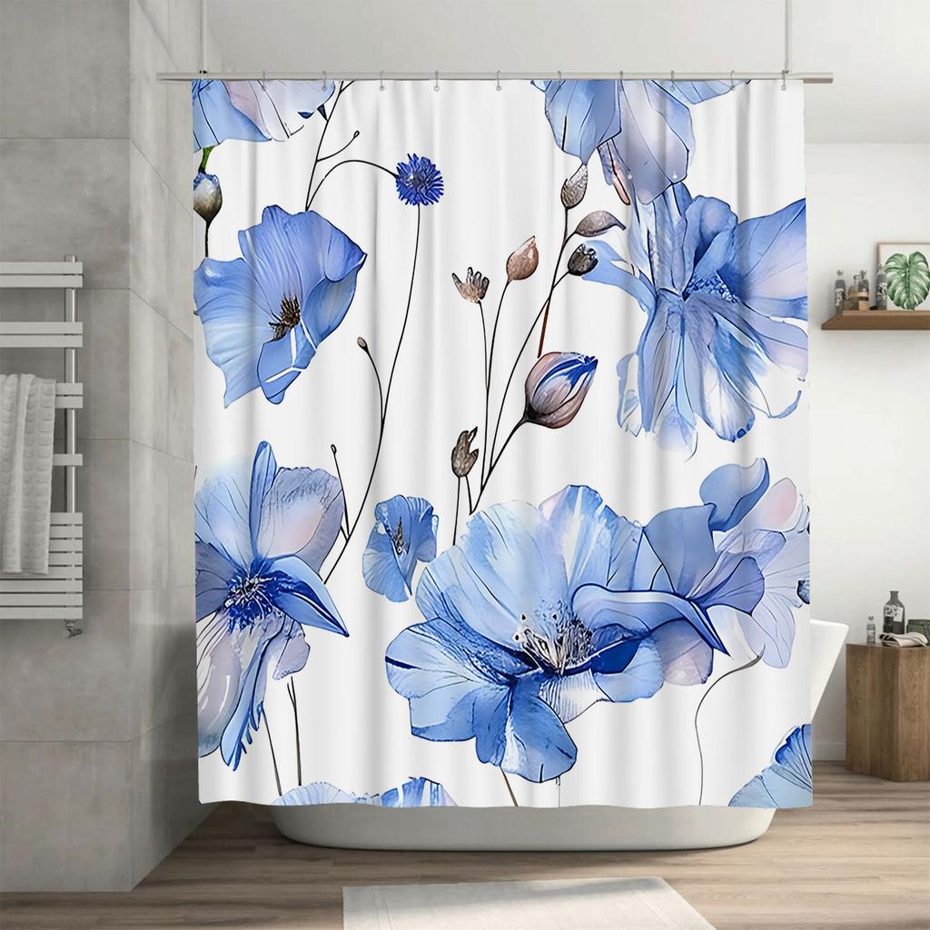 Blue Floral Shower Curtain for Bathroom - Waterproof and Durable Design Easy to Clean and Decorate Your Space Complimentary hook