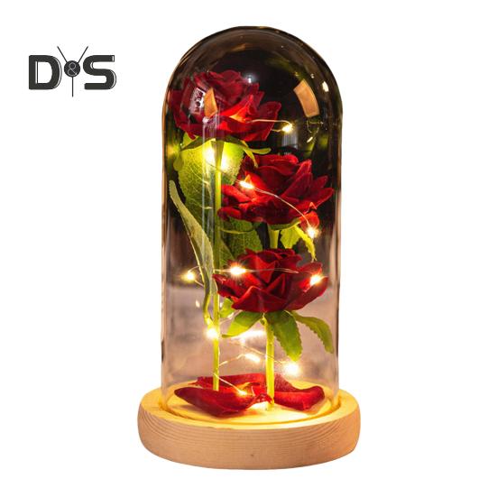 Konserverad ros i glaskupa LED-ljus Evig blomma Romantisk Evighetsros Gåva för kvinnor Alla hjärtans dag Mors dag