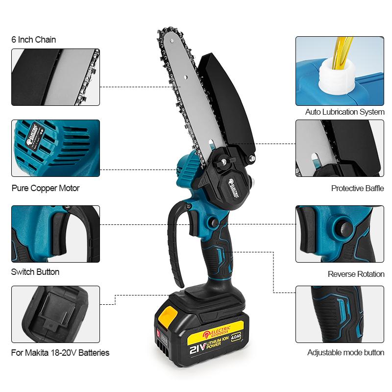 1700RPM 6 Inch Mini Li-Ion Electric Chainsaw One Hand Portable Electric Saw Fit 18V Makita Battery (No Battery)