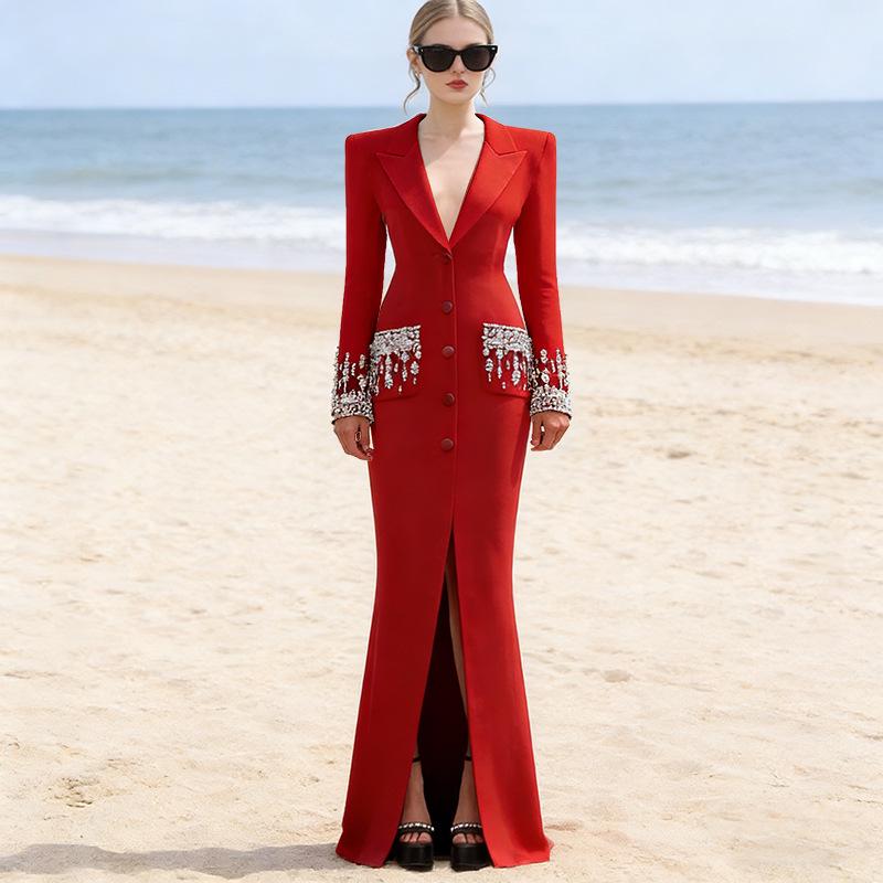 2026 European & American Star Fashion Beaded Rhinestone Lapel Mermaid Evening Gown