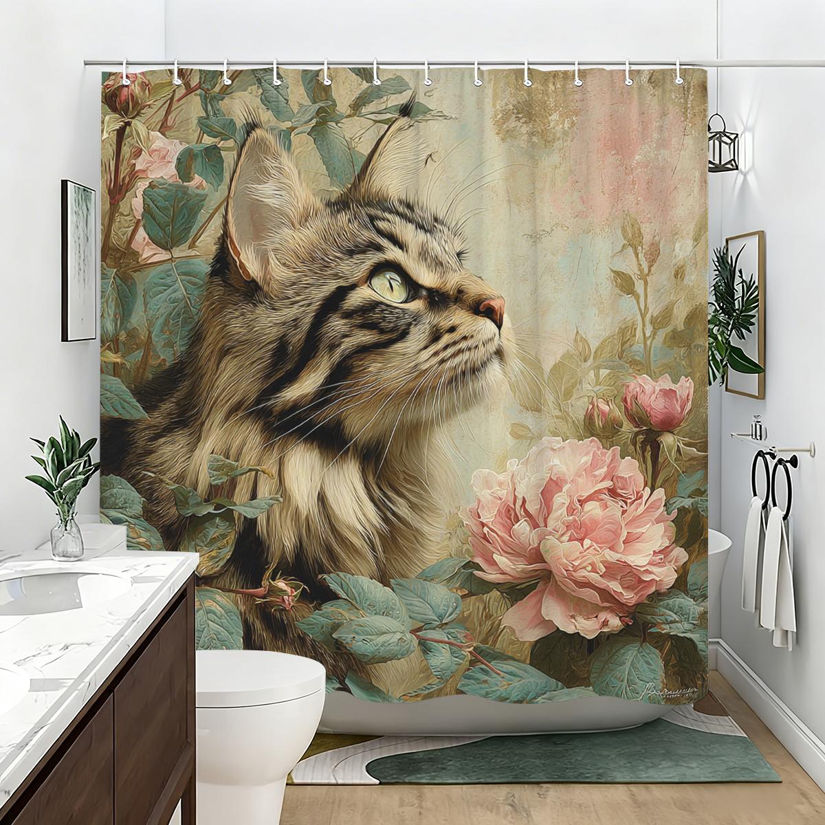

Vintage Floral & Cat Pattern Polyester Shower Curtain - Charming Bathroom Decor, Stylish Bathtub Partition For Home W60H190(CM)-1 Pcs