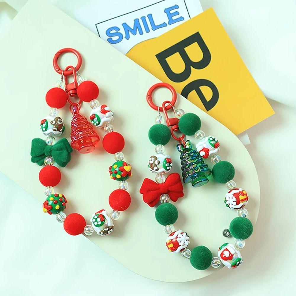 Flocked Bowknot Plush Beads Keyring Santa Claus Beaded Cell Phone Lanyard Unisex