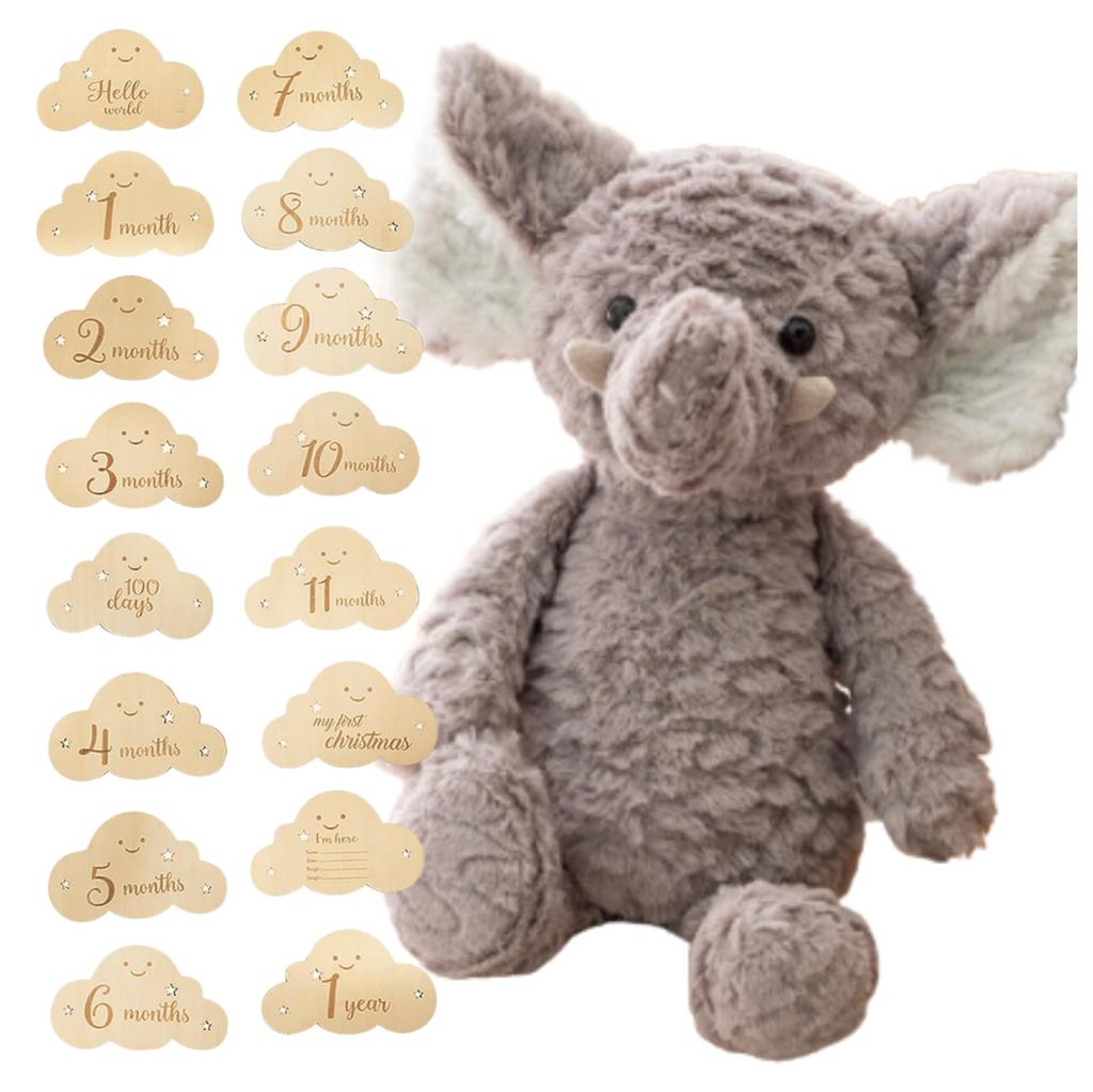 MIHI Plüsch Monatskarte aus Holz (Wolkenform) Set [Authentisch, Lebensmittelsicherheitsgesetz konform] Tier, Flauschig, Erstes Spielzeug, Buchstabenbanner (Elefant)