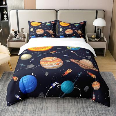 Outer Space Bedding Set, Children Kids Solar System Comforter Cover Universe Planets Duvet Cover Astronomy Milky Way Bedding Set