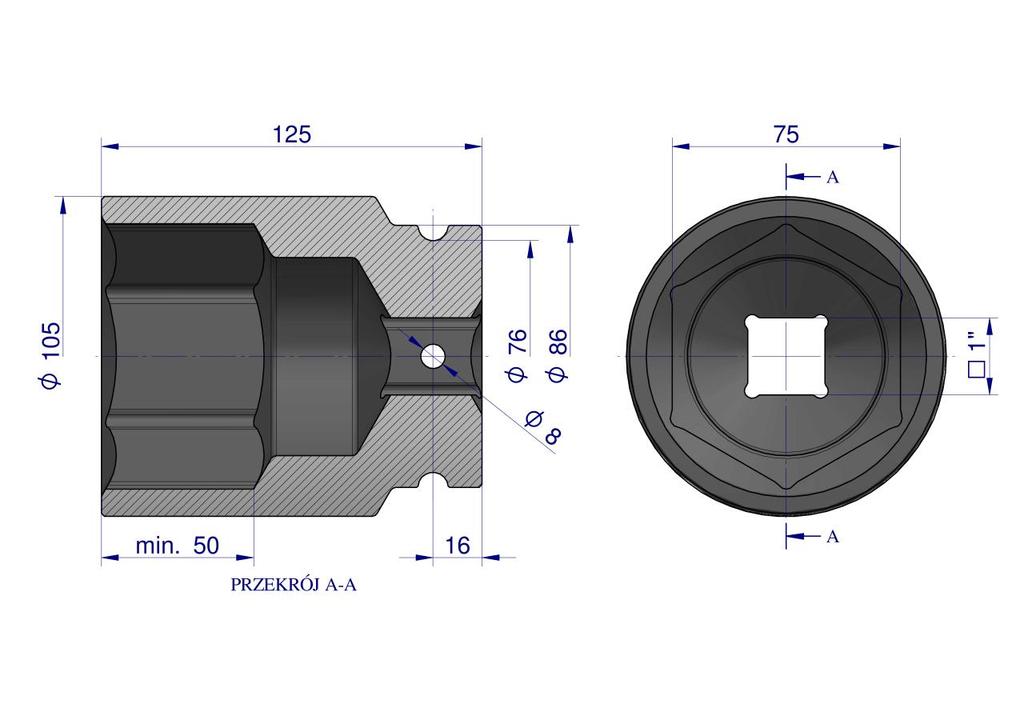 Impact Socket, Hexagonal 1" Very Long 75mm CrMo D.125mm, Waryński