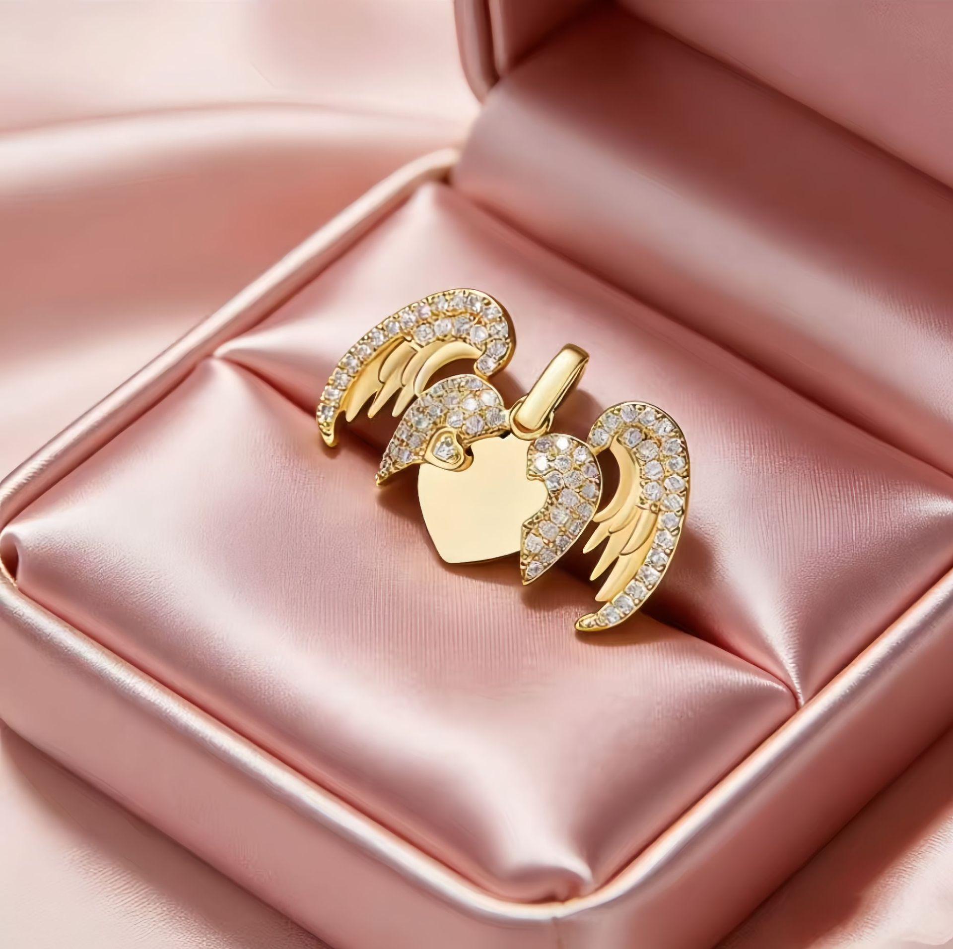 Wing & Heart Openable Pendant Necklace with Custom Engraving on a Diamond-Studded Chain