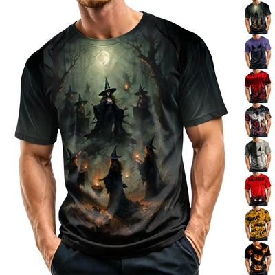 Men's Casual Crew Neck Lightweight Breathable Short Sleeve Top with Halloween Themed Printed Design for Everyday Wear