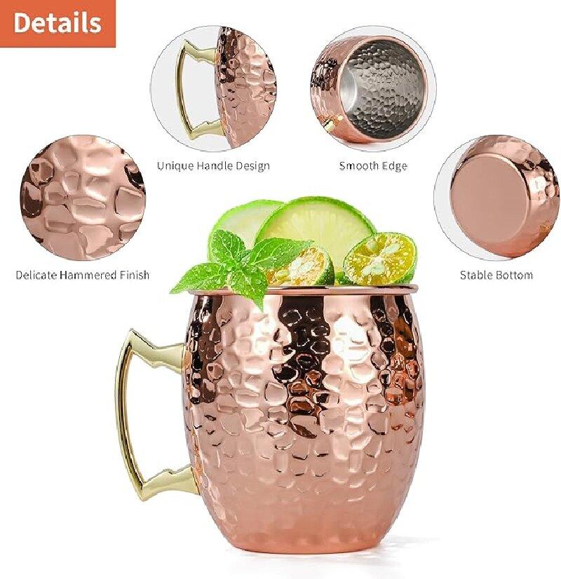 530ml Moscow Mule Mugs Hammered Copper Stainless Steel Cocktail Cup Beer Glasses Beer Mug Drinking Mug for Water Cold Drinks