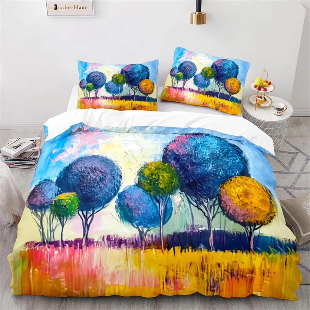 Oil Painting Duvet Cover Abstract Art Print Boat Sunset Animals And Plants Microfiber Landscape Tree Bedroom Decoration Children